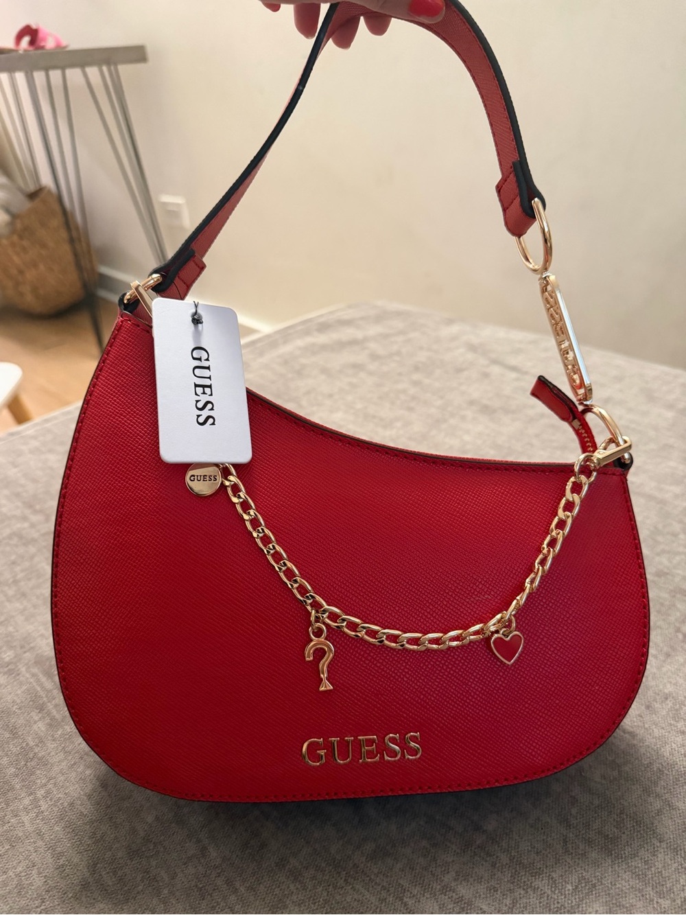 GUESS Red Crescent Shoulder Bag with Gold Chain Trim